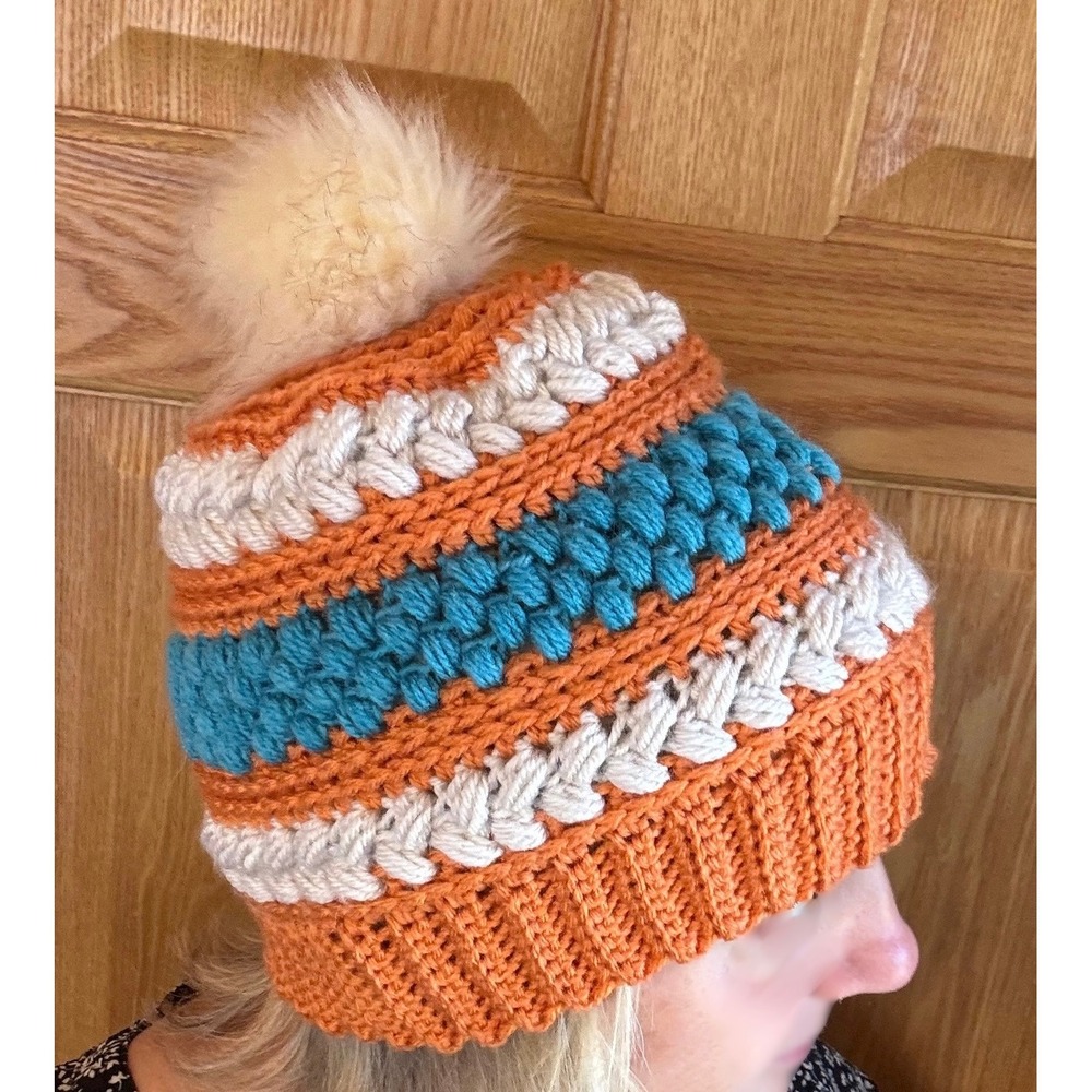 Handmade Chunky Knit Beanie Orange Teal Cream Striped Faux Fur Pom Pom Hat